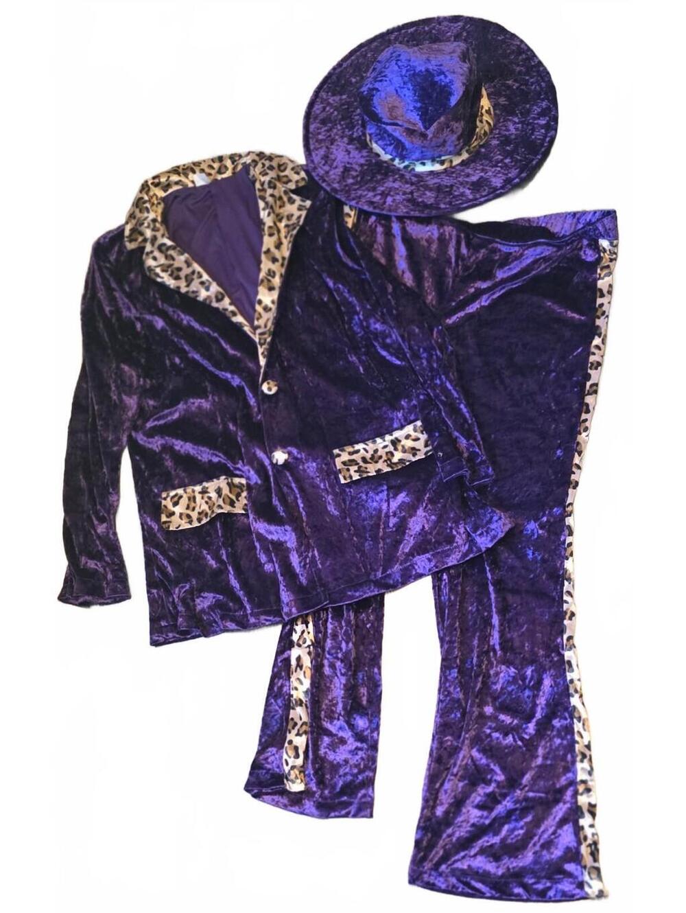 Vintage Men's XL Purple Velvet 3-Piece Suit w/Leopard Print Trim & Matching Hat